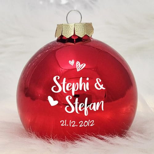 Personalisierte Weihnachtskugel mit deinem Namen und Wunschmotiv, aus Echtglas, 8 cm (01_Rot, Herz & Datum)
