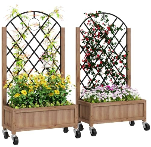 Outsunny 2er Set Hochbeet Pflanzkasten mit Rolle Rankgitter 52x25x97cm | Spalier Pflanzkübel, Blumenkasten Holz, Gartenspalier für Garten Balkon Terrasse, für Kletterpflanzen Korbpflanzen