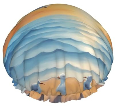 Möwen am Meer. Doppellagige Duschhaube für Damen, wiederverwendbar, großes Design, geeignet für alle Haarlängen, geeignet für Mädchen, den Einsatz im Spa und im Friseursalon zu Hause.