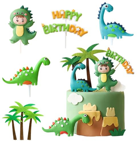 RobLuX 7 Stück Dino Tortendeko Set Kuchendeko Dinosaurier Junge kuchen Deko Torten Topper für Dinosaurier Geburtstag Deko Dino Dschungel Tortendeko Junge für Kinder