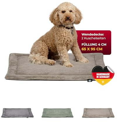 HS-Hundebett® Hundedecke Cord mit Füllung M (65x95 cm) – Waschbare Wendedecke – Kuscheldecke für Hunde – Gemütlicher Ruheplatz – Beige, Made in DE