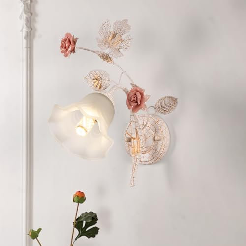 meibeileil Blumen Wandlampe Innen Vintage,Weiße-Goldene Metal Base Deco Wandleuchte,Flower Lamp mit Glas-Lampenschirm Wall Sconces,Rosa Keramik Lampe Blume Wandleuchte füR Flur,Küche,Esszimmer,1Köpf.