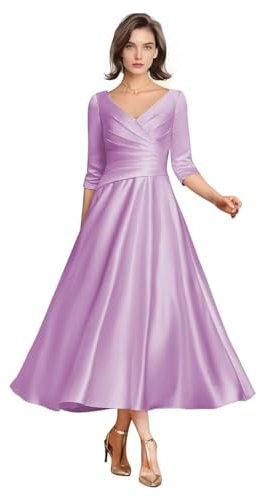 Vestidos para madre de la novia, de satén, acampanado, plisado, formal, para invitada de boda, fiesta de noche, con mangas, Lila, 48