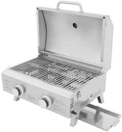 Gasgrill Edelstahl Tischgrill mit 2 U-förmigen Brennerrohren,Camping-Grill,Unabhängige Kontrolle Picknick-Grill BBQ