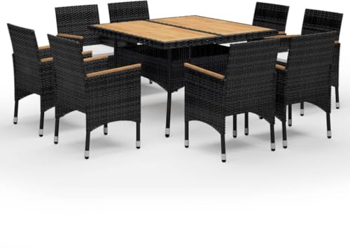 Eleganz 9-TLG. Garten-Essgruppe aus Poly Rattan und Massivholz Schwarz - Langlebige Outdoor-Möbel für Terrasse und Garten - Moderne Rattansessel mit Stauraum
