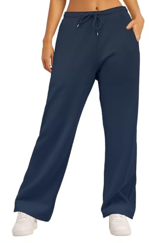 IWOLLENCE Wide Leg Joggers Jogging Bottoms for Women Sweatpants Womens Casual Comfy Trousers with Pockets Elastic Waist Lined Fleece (Navy Blue, XL)