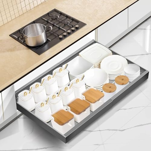 Mimoke Organizador extensible extraíble para armario, cajón telescópico de cocina con adhesivo, organizador de cajones para cocina/baño (gris titanio, ancho 40-68 cm, profundidad 42 cm)