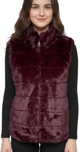 Van Der Rich ® - Manteau Col Debout Sans Manches en fausse Fourrure Gilet Court Deux Poches Latérales - Femme (Bordeaux)