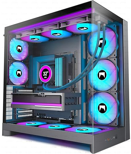 H2-RGB(2026) HYXN ATX PC Case–8 PWM ARGB ventola preinstallata (6 x 140 mm e 2 x 120 mm) grande doppia camera ATX Mid-Tower Airflow Gaming PC, supporto radiatore da 420 mm,Type C 3.2 (Nero, H2-ARGB)