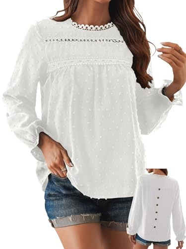 TUUHAW T Shirt Donna Elegante Manica Lunga Magliette con Girocollo Camicia | Boho Casual, Volant Abbigliamento, Pizzo Autunno Top, Classico Maglietta, Vita Quotidiana Lavoro, Vintage Affari Tunica Moda