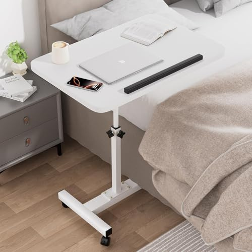 RsxPtyxagoros Adjustable Overbed Table with Wheels, 60-90 cm Height Portable Computer Stands Movable Desk Computer Table Hospital Bed Table for Couch for Bed Laptop Stand (White)