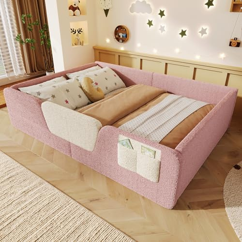 TOBIDOEN Lit de sol, rembourré, 140 x 190 cm, aspect velours, grille de sécurité amovible, sac de rangement intégré et bords de protection rembourrés, facile à monter, sans matelas, rose