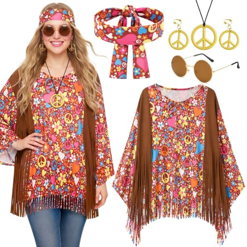 Beamely Hippie Kostüm Set Damen 5-teilig 60er 70er Jahre Fransen-Poncho Friedenszeichen-Schmuck Sonnenbrille Stirnband für Karneval Fasching Mottoparty