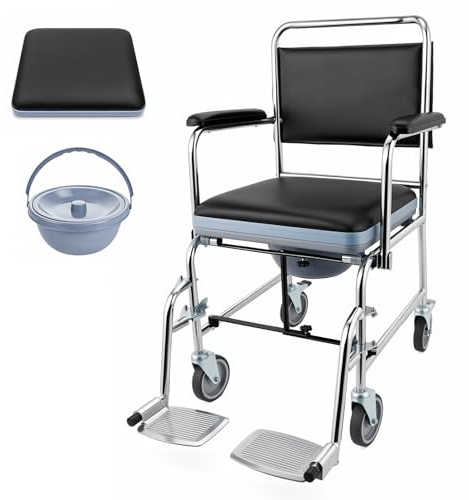 4 in 1 Commode Wheelchair with Removable Bucket, Padded Mobile Bedside Commode Toilet Chair for Elderly & Disabled, Waterproof Disabled Wheeled Bathroom Shower Chair