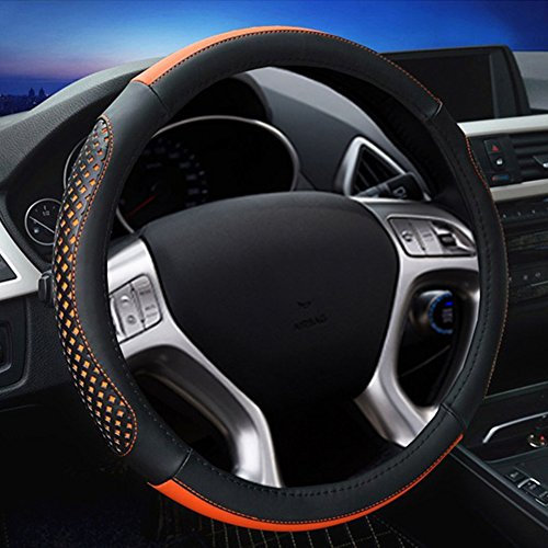 Universal Passend Auto Lenkradhülle Lenkrad Abdeckung Lenkradbezug aus PU Leder 38CM / 15'' Lochperforation Rutschfest Lenkradschutz Lenkradabdeckung Lenkradschoner für Damen - Schwarz & Orange