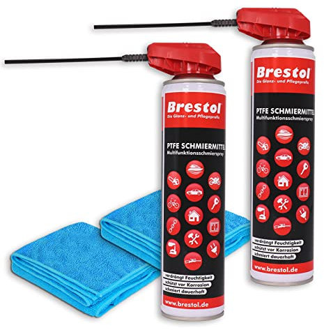 PTFE Spray 2x 400 ml + 2x Universaltuch - 10 in 1 Schmierspray Kettenspray Rostlöser Kriechöl Schneidöl Trennmittel Korrosionsschutz Kontaktspray Zahnradspray Feuchtigkeitsverdränger Schmiermittel