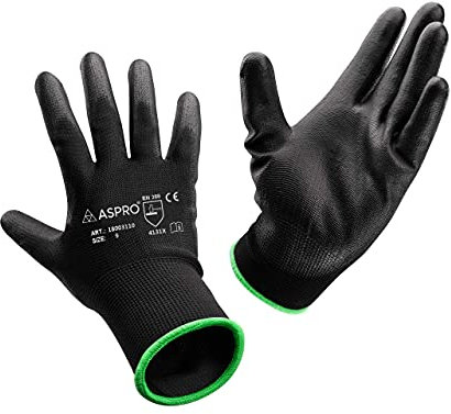 ASPRO Arbeitshandschuhe 10 Paar Größe 10 (XL)- Gartenhandschuhe-Schwarze Nylon-Handschuhe mit PU-Beschichtung für Bauarbeiter, Gärtner, Mechaniker, Bauarbeiter, Lagerarbeiter etc.