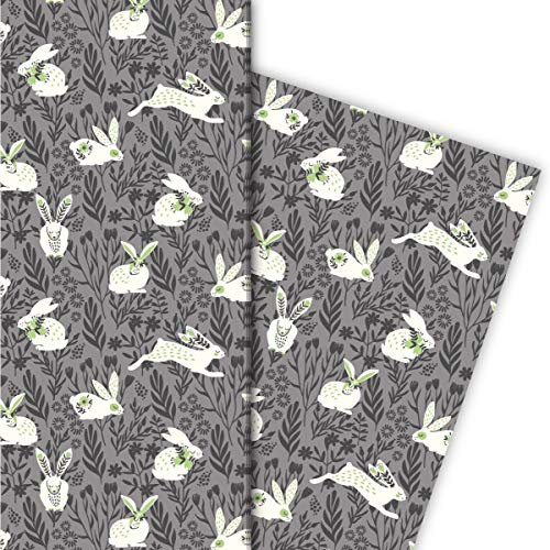 Kartenkaufrausch Niedliches Frühlings Oster Geschenkpapier Set Hasen im Gras, grau • Geschenk Verpackung zum Einpacken 32 x 48cm, zu Ostern Weihnachten Geburtstag, universal Geschenkpapier