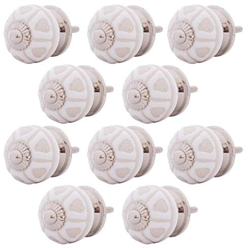 Knober 10 Stück | Set | 10 X identische Knäufe | ALBA | Weiß | verziert Montur aus Edestahl | Möbelknöpfe 30 mm Knauf | Türgriff Gewinde metrisch M3 | verziert