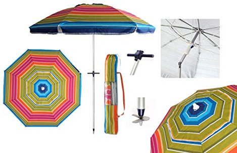 Pincho Sombrilla Playa 200 cm, Aluminio, UPF+50 bloquea 99% de Rayos UV, Punta de Aluminio Reforzado, 8 Varillas de Fibra de Vidrio, Muy Ligera 1,5 kg, Ventana Superior