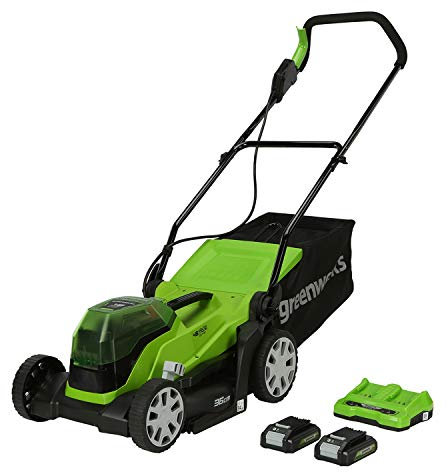 Greenworks Tools Li-Ion 2x24V Akku-Rasenmäher 36cm Sichelmäher bis zu 250m² Elektromäher mit 40L Grasfangtasche und Klappbare Armlehne, inklusive 2X 24V 2Ah Akku und Ladegerät