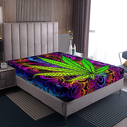 Marihuana Blätter Spannbetttuch-Set Gras Ganja Bettwäsche Cannabis Vibrant Bunte Spannbetttücher,90x200, für Kinder Jungen Mädchen Teenager Erwachsene,Cannabis Blätter Spiralbettlaken-Set,Lila Grün