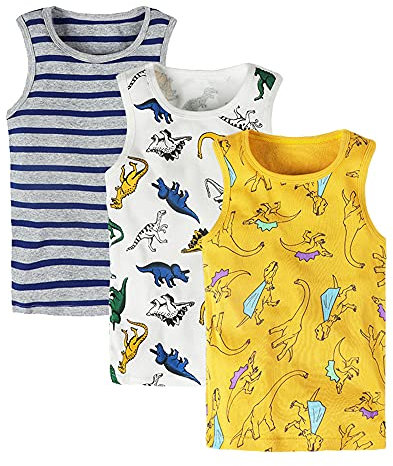 ASKSA 3 Pack Kinder Jungen Mädchen Unterhemden 100% Baumwolle Ärmellos Tank Top Unterwäsche Weste Shirt (Dinosaurier & Streifen,104 EU)