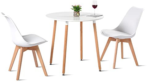 EGGREE - Conjunto de mesa con 2 sillas escandinavas, mesa de comedor redonda de madera de 80 cm y sillas de cocina, color blanco