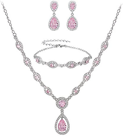 Clearine Set di Gioielli da Sposa con zirconi cubici per Collana a Y, Braccialetto a Catena e Orecchini Pendenti Rosa con Fondo Argento