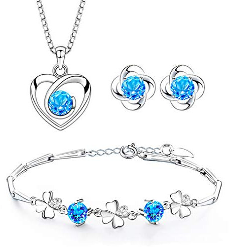 Josfeva Schmuck Set Damen Silber 925, Herz Halskette & Klee Armband & Klee Ohrstecker Set mit 5A Blau Zirkonia, Liebe Halskette Damen Ohrringe Ohrstecker Silber Armkette Damen mit Geschenkbox