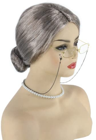 Topcosplay 3er Set Oma Perücke Großmutter Perücke mit Perlenkette Oma Brille Granny Perücke Grau Old Lady Kostüm Set Alte Dame Perücke für Karneval Halloween (Grau Braun)