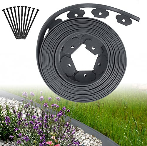 ACXIN Rasenkante Kunstoff 30m, Flexible Beetumrandung Mähkante mit Erdanker, Plastic Gartenzaun Rasenbegrenzung Lawn Border Garten Dekorativ (30m x 5cm, Hellgrau)