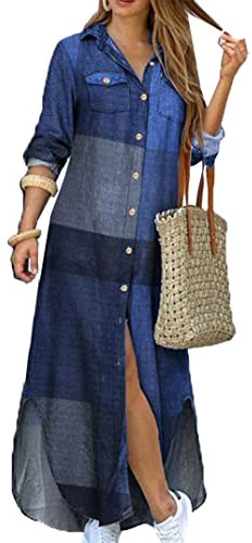 EFOFEI Lady's Summer Beach Dress Aufrollen Langarm Langes Kleid Irregualr Langes Hemdkleid Langarm Button Down Hemdkleid Blau XS