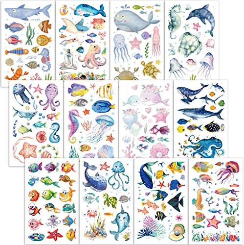 Qpout Meerestieren Temporäre Tattoos für Kinder, Sea Life Tattoos für Kinder Partygeschenke, Delphin Hai Krake Fisch Seesterne Tattoo Aufkleber, Jungen Mädchen Geburtstag Geschenke Taschenfüller