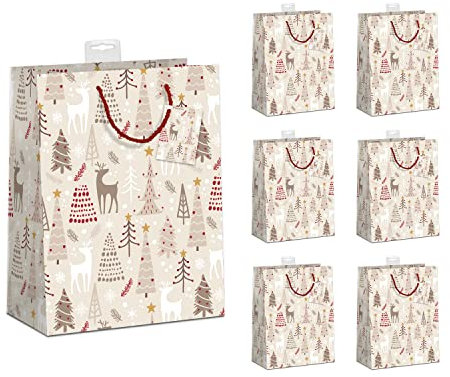 PremiumLine Geschenktaschen Weihnachten 6 Stück | edle DIN A5 Geschenktüten Papier Geschenkbeutel mittel | farbige Kordel, Namenskarte | Winterwald, Medium 18x23x10cm | Skorpion Papeterie