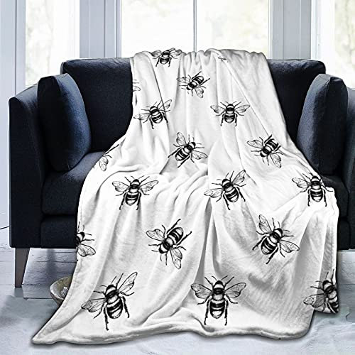 Decke, schwarz, weiß, Bienen, Fleece, Flanell, Überwurf, für Couch, Bett, Sofa, Auto, gemütliche, weiche Decke, Überwurf, Königin, König, volle Größe für Kinder, Frauen, Erwachsene, 127 x 101,6 cm