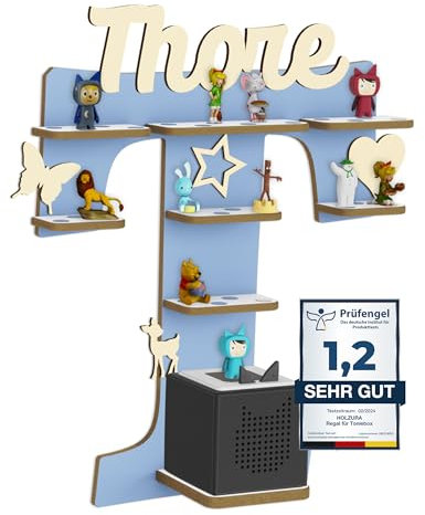 Holzura Tonie Regal für Toniebox, Toniebox Regal personalisiert mit Name und Holzsymbolen, Tonie Aufbewahrung (Buchstabe T)