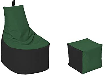 MILLINDABAG Modern Sitzsack für Kinder und Erwachsene Sessel Kissen In & Outdoor Gaminggeignet & bereits gefüllt Sitzkissen Bodenkissen (Schwarz - Dunkelgrün, XXL - Durchmesser 78 cm mit Hocker)