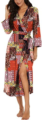 PrinStory Dressing Gown For Women Lightweight 3/4 Sleeve V Neck Long Kimono Robes Ladies Bathrobe Soft Sleepwear Loungewear (Color Blocks Mix, XXL)