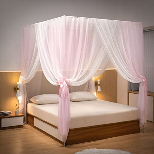 Moskitonetz mit Eisenrahmen Stangen Halterung unterstützt 4 Eckpfosten Betthimmel Doppelschicht Prinzessin Bett Vorhänge Schlafzimmer Dekoration,Pink,2.0 * 2.2m