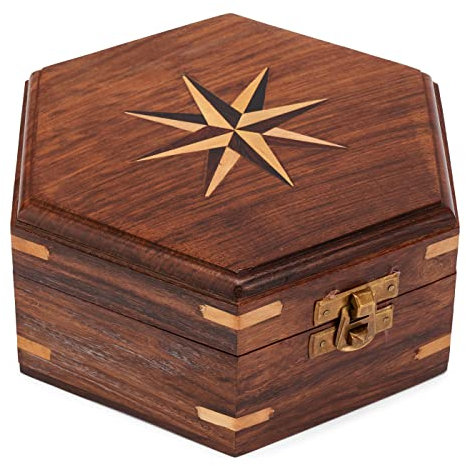 NKlaus 16x14x7cm Scatola marittima esagonale in legno con intarsio di rosa dei venti in legno e chiusura in ottone 11637
