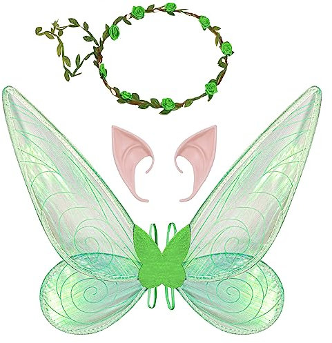 Feenflügel Kostüm, Damen Mädchen Schmetterlingsflügel Elfenflügel mit Elfenohren Blumenkranz Halloween Kostüm Zubehör Karneval Fee Party Schmetterling Kostüm Feenkostüm für Kinder Erwachsene (Grün)