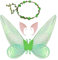 Feenflügel Kostüm, Damen Mädchen Schmetterlingsflügel Elfenflügel mit Elfenohren Blumenkranz Halloween Kostüm Zubehör Karneval Fee Party Schmetterling Kostüm Feenkostüm für Kinder Erwachsene (Grün)
