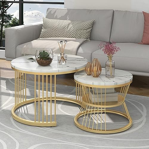 HAINEW Moderne Rund Couchtisch 2er Set Rund Satztische Set Wohnzimmertisch Mit Metallgestell Und Marmor Furnier Beistelltisch Sofatisch Kaffeetisch Für Wohnzimmer (Upgrade-Weiß-70×70×47cm)