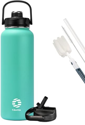 Fjbottle Gourde en acier inoxydable avec paille 950 ml/1200 ml, 2 couvercles sans BPA, Bouteille d'eau anti-fuite – Bouteille isotherme pour le sport, le vélo, l'école, le fitness