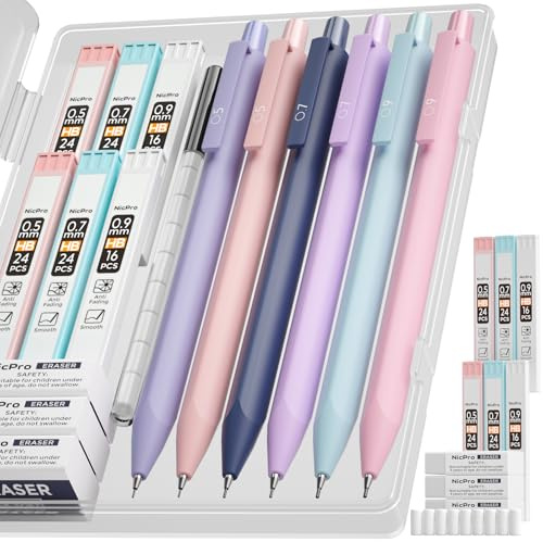 Nicpro 6 Stück Pastell Druckbleistifte Set, niedliche Zeichenstifte (0,5 0,7 0,9 mm), Mechanische Bleistifte mit 6 HB Minen und Radiergummis, Girl Coole Stifte Aesthetic School Stuff Schulsachen