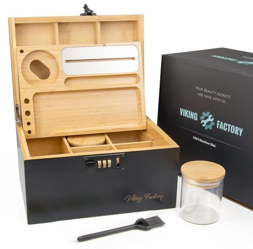 Viking Factory® Large Lockable Bamboo Storage Box with Combination Lock, Decorative Organizer for Jewelry, Medicine & Tools, Includes Tray, Glass Jars & Accessories