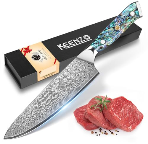 KEENZO Damastmesser Kochmesser 67 Schichten Damaststahl Küchenmesser, Klingenlänge 20 cm Profi Küchenmesser Messer Chefmesser mit Blaue Kunstharz Handgriffen