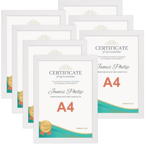 EXYGLO Cadre A4 Lot de 7, Cadre Photo A4 Blanc pour 29,7x21cm, pour Certificats, Affiches et Documents