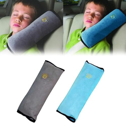 Zueyen 2 protectores de cinturón de seguridad para niños, acolchado para cinturón de coche, extraíble, adecuado para el uso al salir y viajar, así como para dormir de niños (azul + gris)